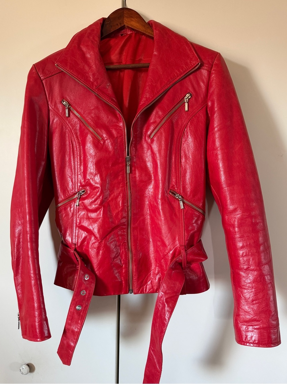 Genuine Red Leather Motorcycle Jacket with Belt